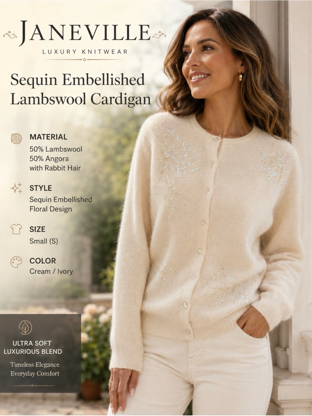 Janeville Sequin Embellished Lambswool Cardigan - Cream